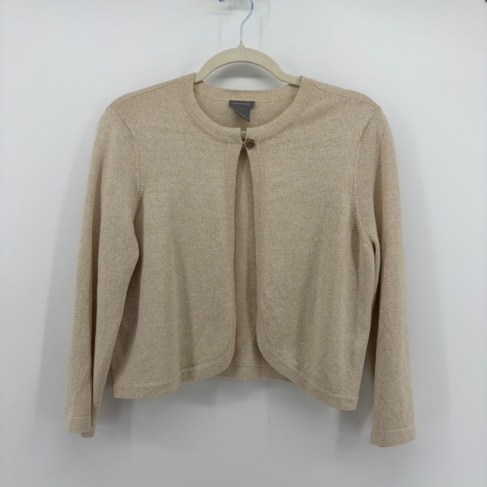 Ann Taylor Beige Metallic Knit Cropped Cardigan